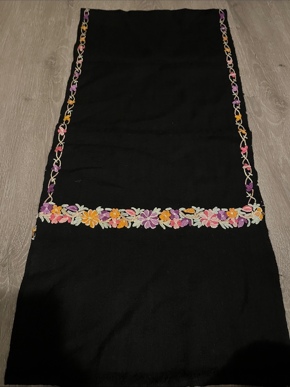 Black Floral Embroidered Scarf Wrap 100% Wool